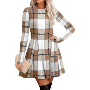 Women Plaid Crew Neck Ribbed Knit Flare A-Line Long Sleeve Sweater Dress
